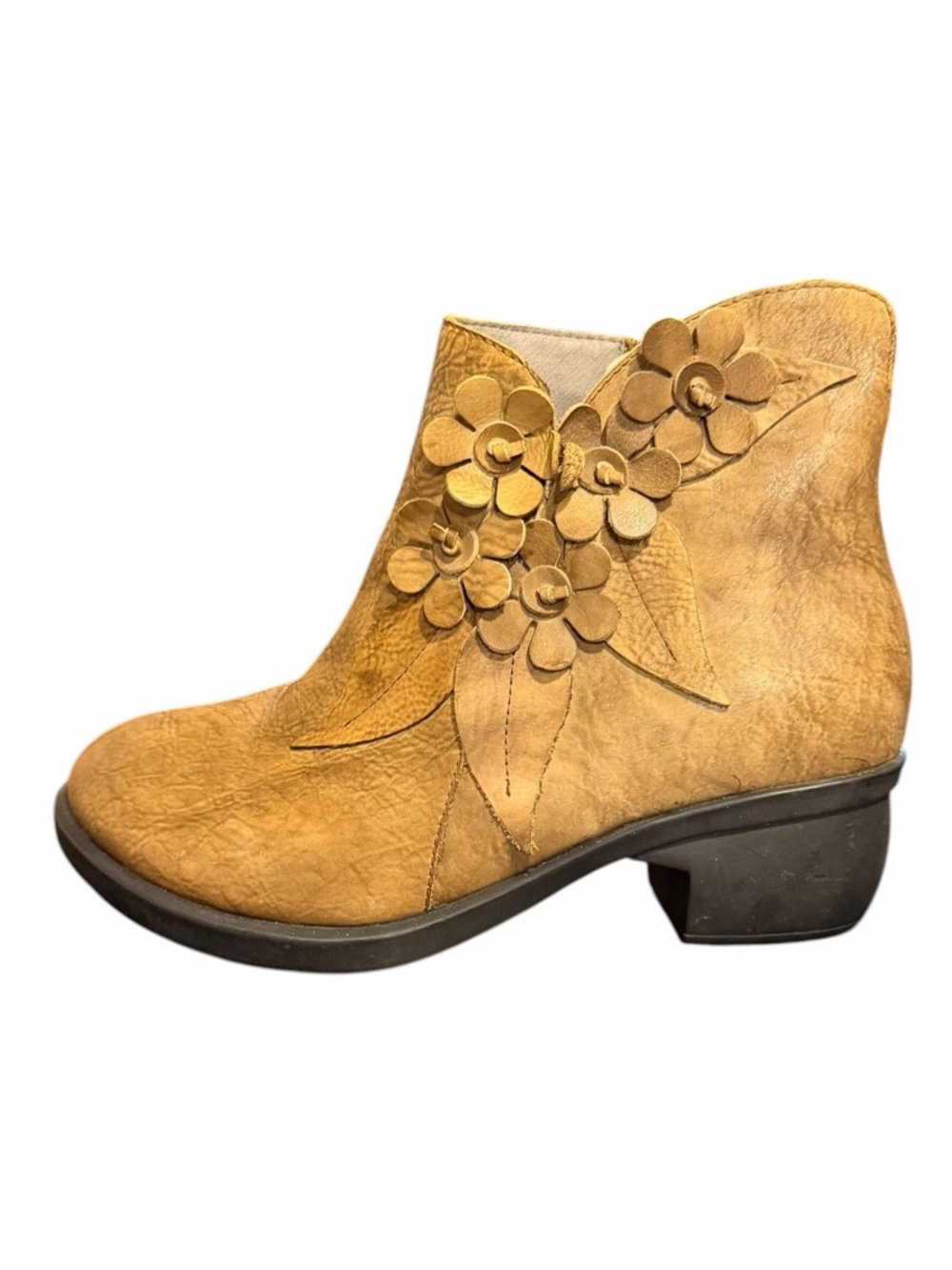 Socofy Leather Floral Appliqués Ankle Boots Handmade Zipper Boho Chic EU39 US8 - Picture 8 of 10